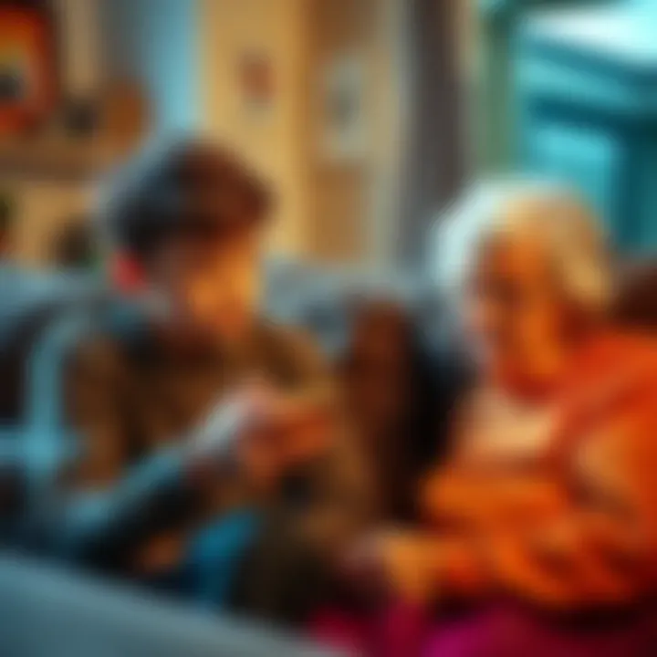 A 15-year-old boy shows his grandmother how to use Bitcoin on his smartphone, with a curious expression on her face, in a cozy living room setting.