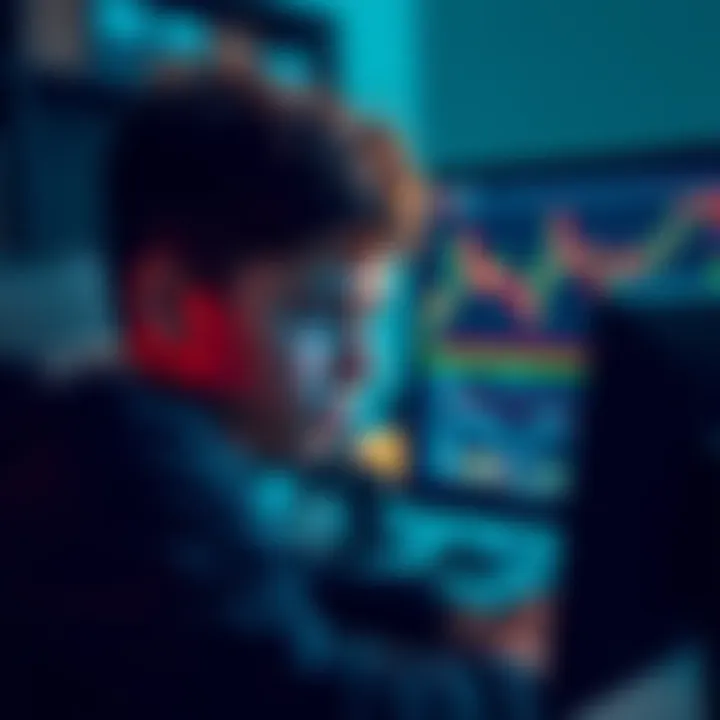 A concerned 17-year-old boy looking at a computer screen displaying cryptocurrency charts and graphs, appearing lost and uncertain.