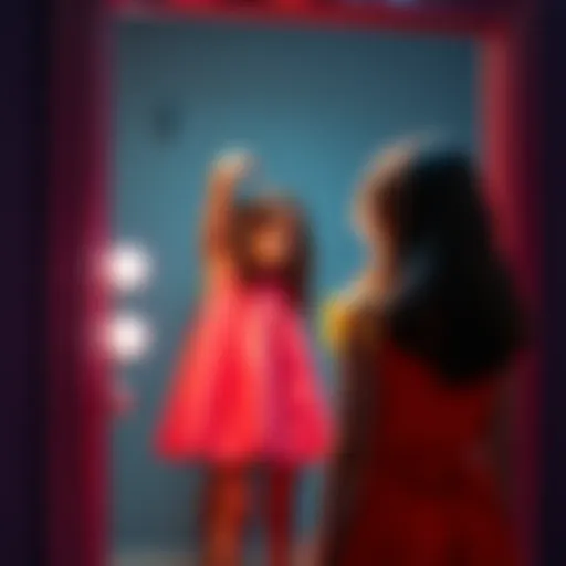 A teenage girl stands in front of a mirror looking disappointed while trying on a bright dress that doesn't match her expectations.