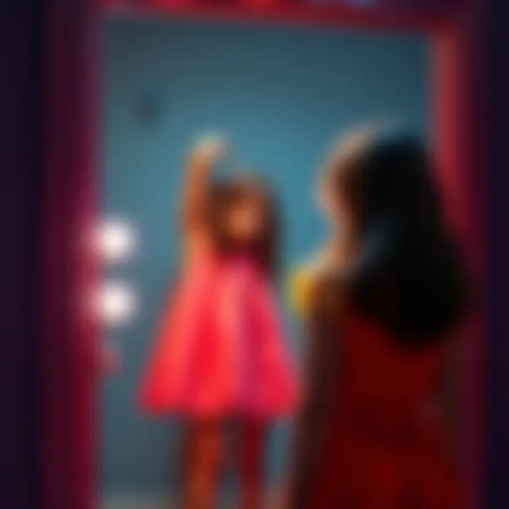 A teenage girl stands in front of a mirror looking disappointed while trying on a bright dress that doesn't match her expectations.