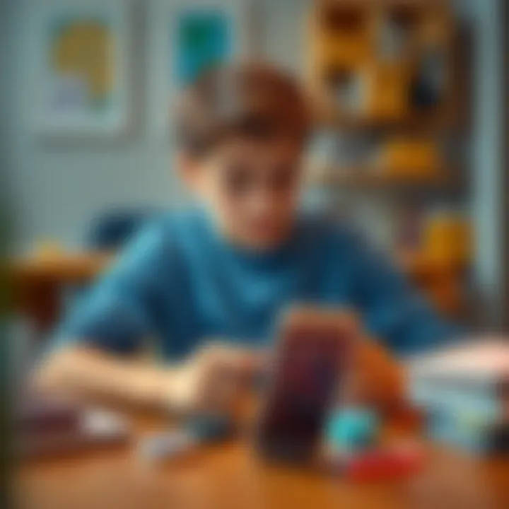 A 16-year-old boy looking at his phone with a confused expression, sitting at a desk surrounded by mobile banking apps. He appears to be seeking help with creating a savings account.