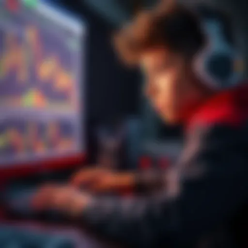 A 17-year-old looking at a computer screen with trading charts and graphs, studying trading strategies with determination.