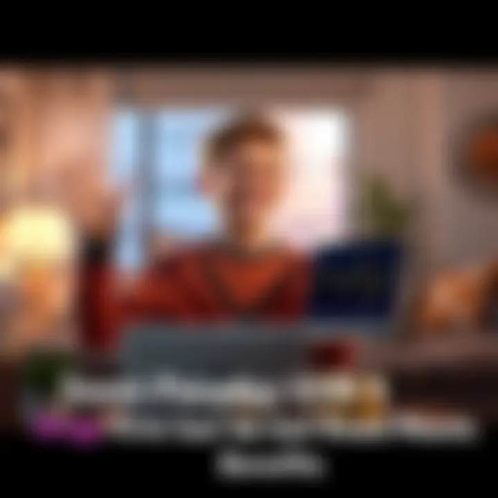A 16-year-old boy smiling, holding a laptop with financial graphs on the screen, looking relieved and happy, in a cozy living room with family pictures around.