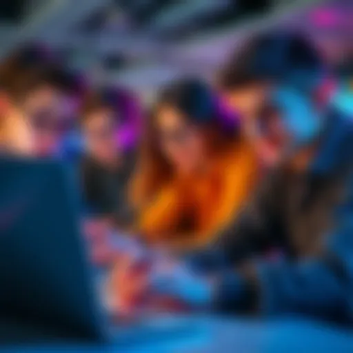 A group of teenagers engaged in cryptocurrency trading on laptops, showing excitement and collaboration.