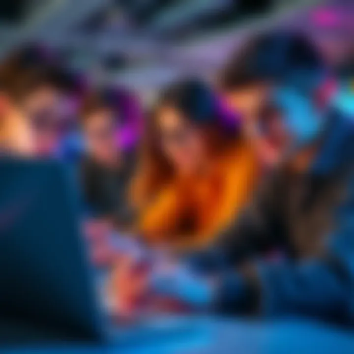 A group of teenagers engaged in cryptocurrency trading on laptops, showing excitement and collaboration.