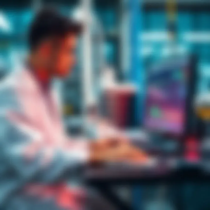 A scientist analyzing data on a computer while using lab equipment in a testing facility.