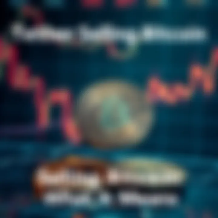 A graphic showing Bitcoin symbols being sold, indicating Tether's urgent sale of Bitcoin with a downtrend graph in the background