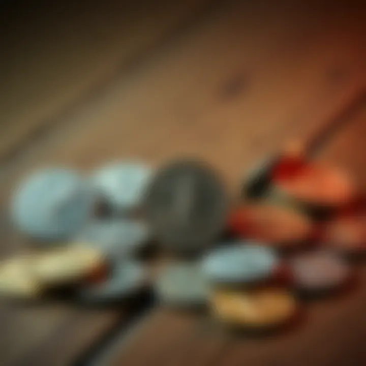 A collection of Tetradrachm coins arranged on a wooden table, showcasing their intricate designs and historical value.