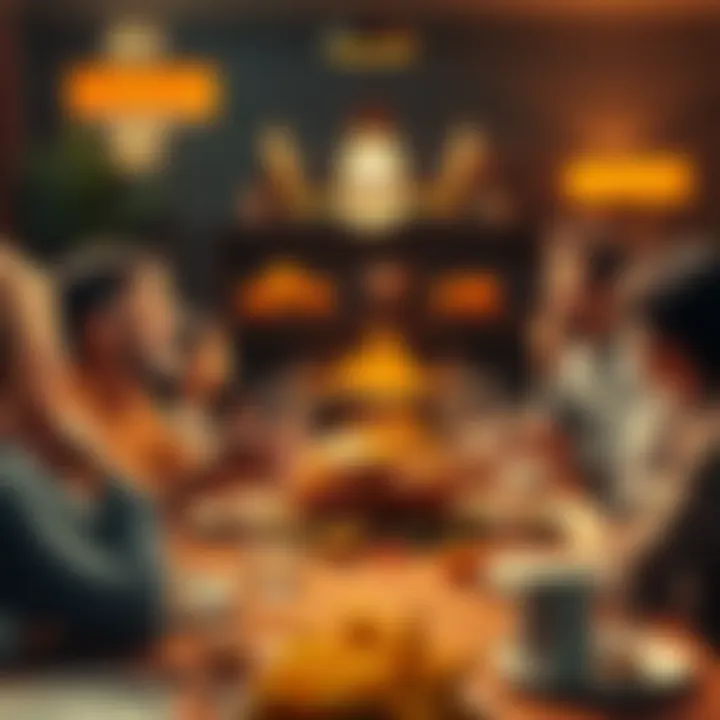 A family gathered around a Thanksgiving dinner table, one person animatedly discussing cryptocurrency while others listen and react.