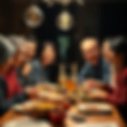 A family gathered around the dinner table during Thanksgiving, laughing and discussing cryptocurrency investments, with some members looking puzzled or amused.