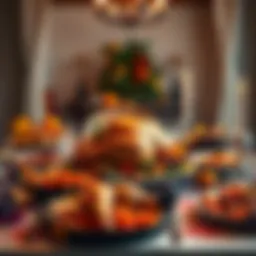 A beautifully set Thanksgiving dinner table with a roast turkey, colorful side dishes, and autumn decorations.