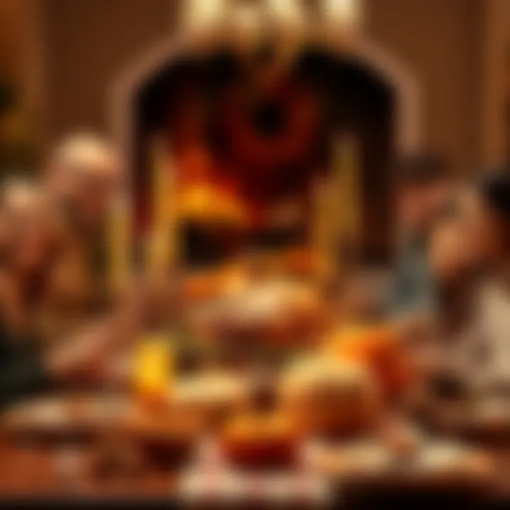 A beautifully set Thanksgiving dinner table with a turkey, pumpkins, and candles, surrounded by family members smiling and enjoying the feast.