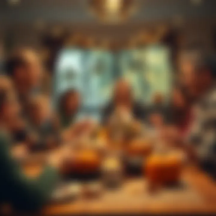 Thanksgiving Family Gathering A family enjoys Thanksgiving dinner together, sharing food and laughter around a table decorated with autumn leaves and pumpkins.