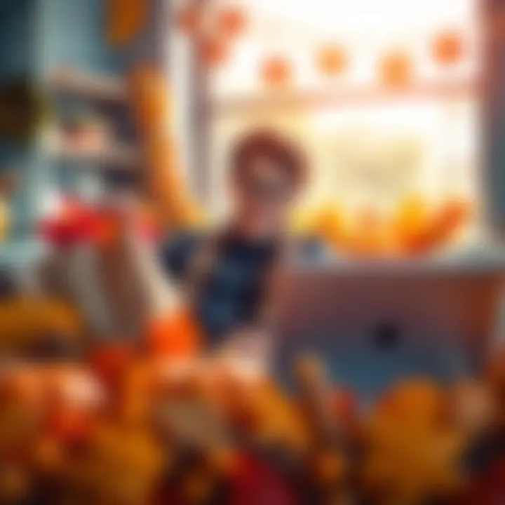 A happy person using Bitmart on a laptop surrounded by Thanksgiving decorations and shopping bags