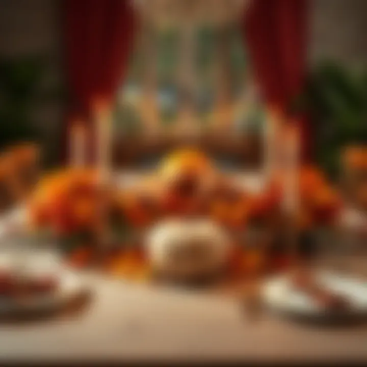 A beautifully set Thanksgiving table with a turkey centerpiece, autumn leaves, and candles.