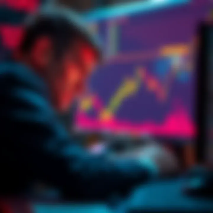 A worried investor looking at a declining cryptocurrency chart on a computer screen, symbolizing the panic among Theta token holders.