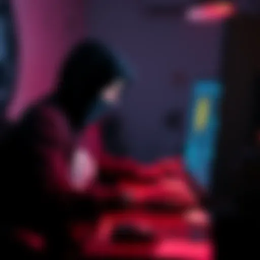 A person sitting at a desk, focused on a computer screen displaying Bitcoin transactions, surrounded by shadows suggesting secrecy