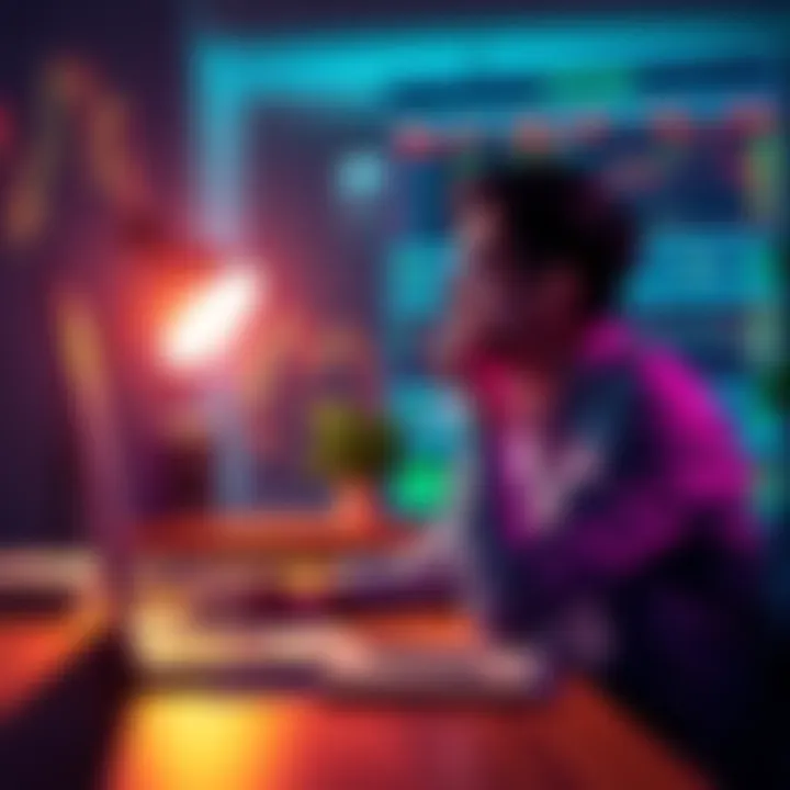 Person thinking about cryptocurrency investment A person sitting at a desk looking at a laptop with cryptocurrency charts, pondering the investment decision with a thoughtful expression.