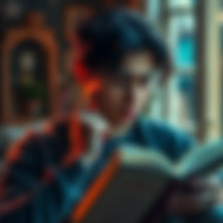A thoughtful person holding a book, contemplating its content, with a cozy setting in the background.