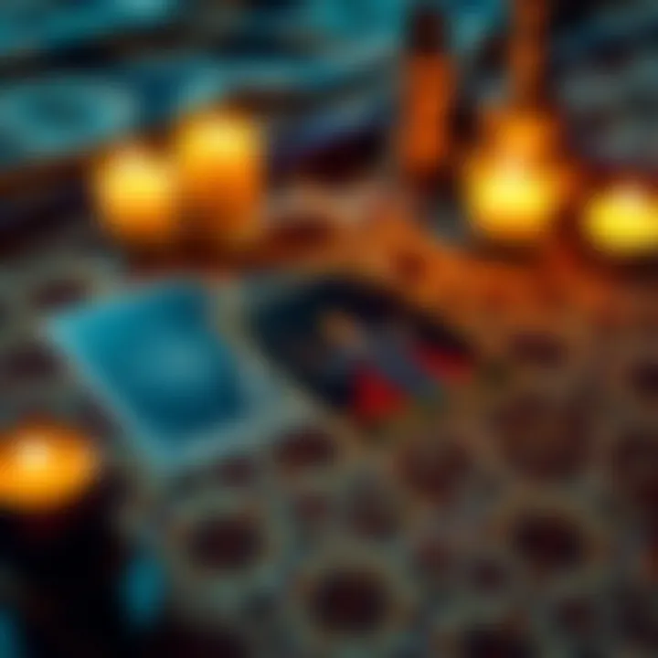 A spread of three tarot cards on a patterned cloth with candles nearby