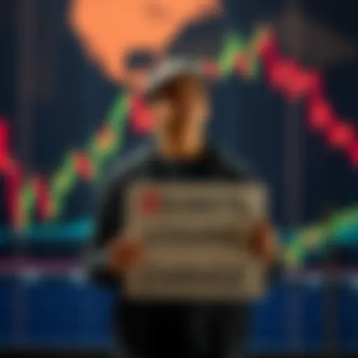 A person standing with a thoughtful expression, holding a sign that says 'Regrets, Lessons, Change' in front of a stock market chart background