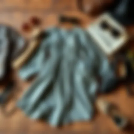 A collection of classic fashion pieces including a vintage dress, leather jacket, and stylish accessories on a rustic wooden table.