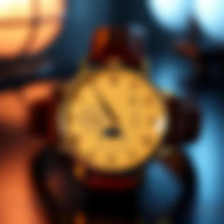 Gold-tone Timex watch with a cream dial, featuring moon phase tracker and leather strap.