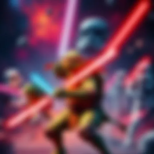 The Teenage Mutant Ninja Turtles wield lightsabers while fighting alongside iconic Star Wars characters against a group of stormtroopers in a vibrant space setting.