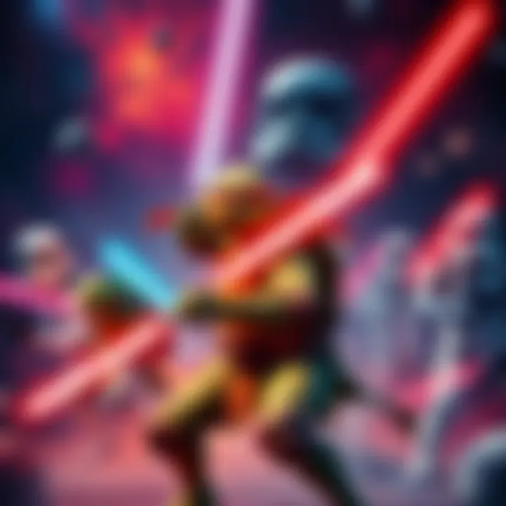 The Teenage Mutant Ninja Turtles wield lightsabers while fighting alongside iconic Star Wars characters against a group of stormtroopers in a vibrant space setting.
