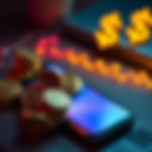 A graphic showing tokens next to a smartphone with dollar signs, illustrating the concept of staking and redeeming tokens.