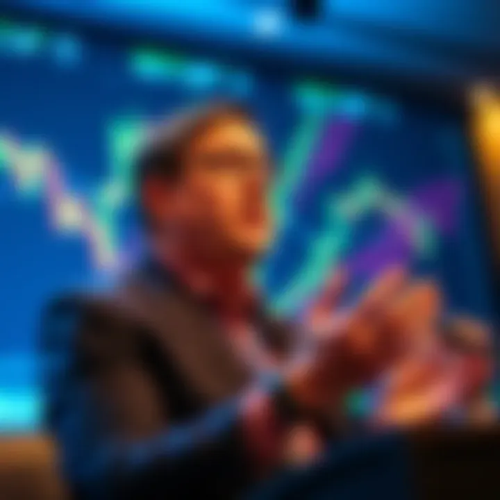 Tom Lee speaking at a conference about Bitcoin price predictions with charts in the background