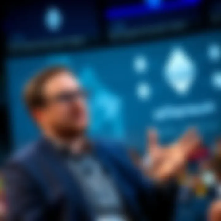 Tom Lee speaking at a conference with Ethereum logos in the background