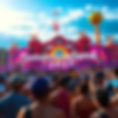 A vibrant festival scene promoting Tomorrowland Brasil 2027 pre-sale tickets with colorful decorations and excited fans.