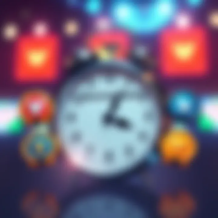 Graphic showing a clock with tournament icons around it, indicating new start times for players to join