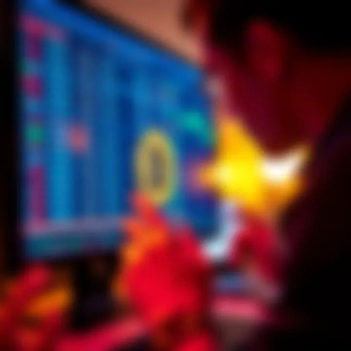 A person examines a computer screen displaying Bitcoin transactions with a focus on a transaction ID, symbolizing the search for linked funds.