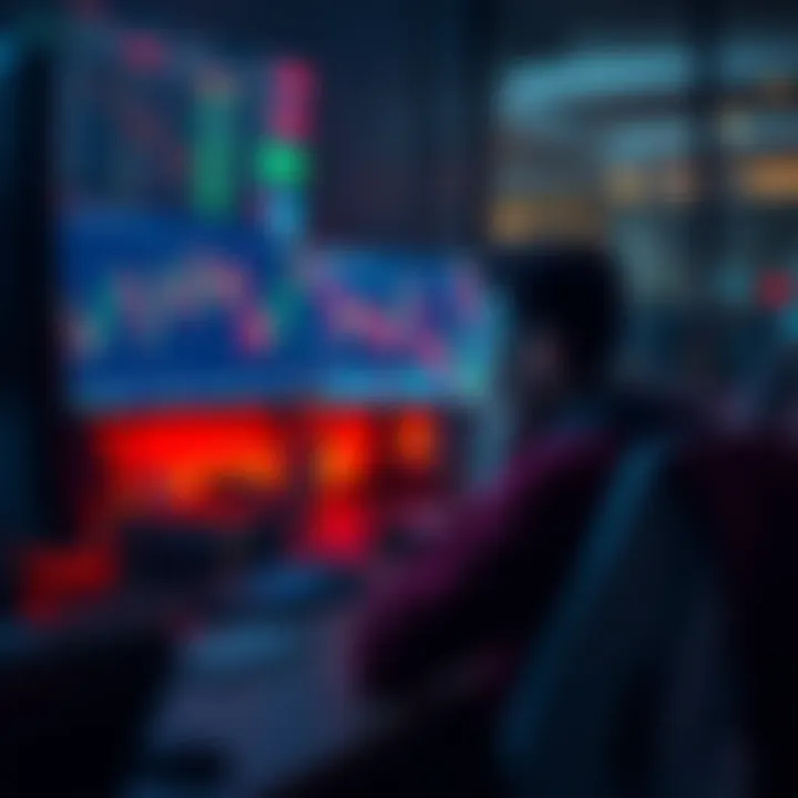 A trader sitting at a desk looking worried while looking at a trading chart on a computer screen, symbolizing fear and anxiety after passing a prop firm challenge