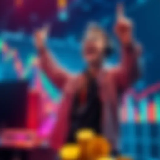 A trader joyfully celebrating after successfully selling altcoins, with a graph showing price increases in the background.