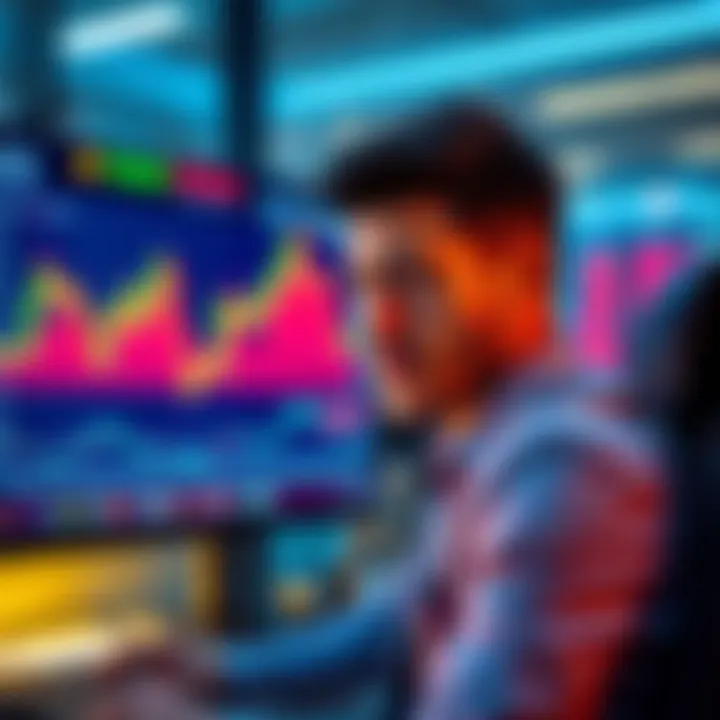 A trader with a frustrated expression, looking at a fluctuating stock chart on a computer screen, representing missed opportunities in the digital asset market.