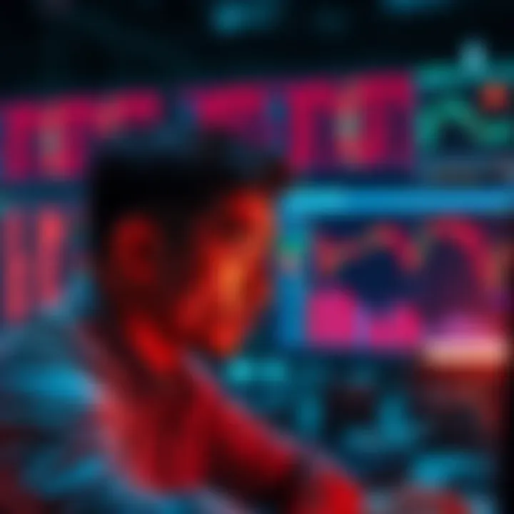 A worried trader looking at a computer screen showing cryptocurrency losses