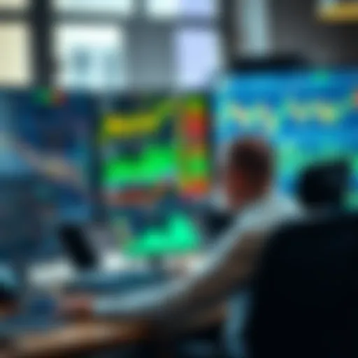 A trader sitting at a desk, analyzing charts and graphs on a computer screen with a thoughtful expression