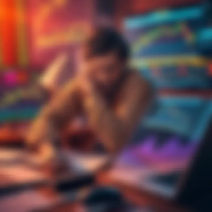 A trader sitting at a desk surrounded by charts and graphs, looking stressed and overwhelmed while reviewing trading data.