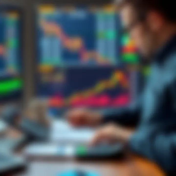 Trader analyzing altcoins A trader looking at a chart showing prices of altcoins like SOL, considering options for investing or shorting, with a calculator and notepad on the desk.