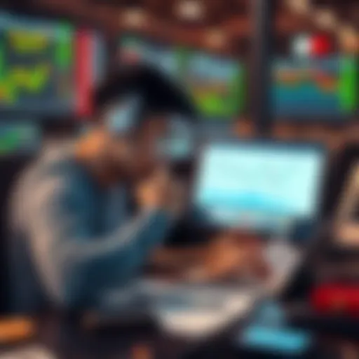 A trader looking at graphs and charts on a laptop, analyzing Bitcoin market trends, with notes and a calculator nearby.