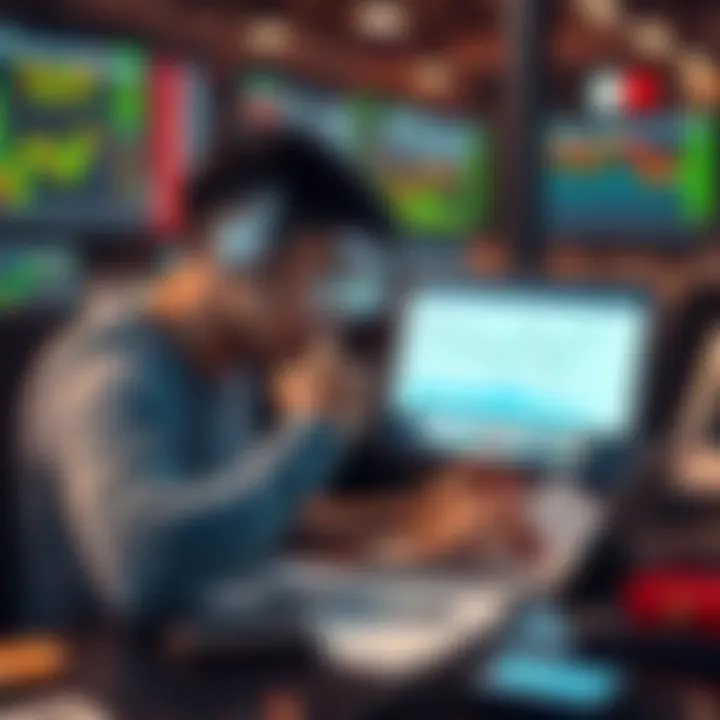 A trader looking at graphs and charts on a laptop, analyzing Bitcoin market trends, with notes and a calculator nearby.