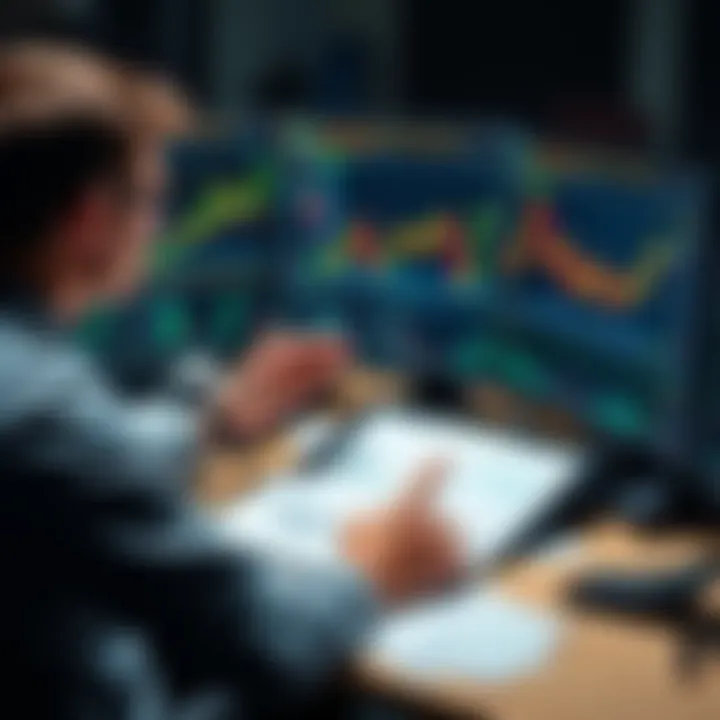 A focused trader looking at financial charts on a computer screen, with notes and a calculator nearby, preparing for professional trading.