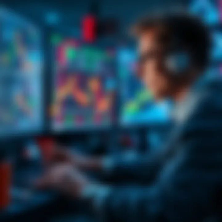 A trader studying charts and graphs on a computer screen, showing emotional focus while analyzing trading cycles.