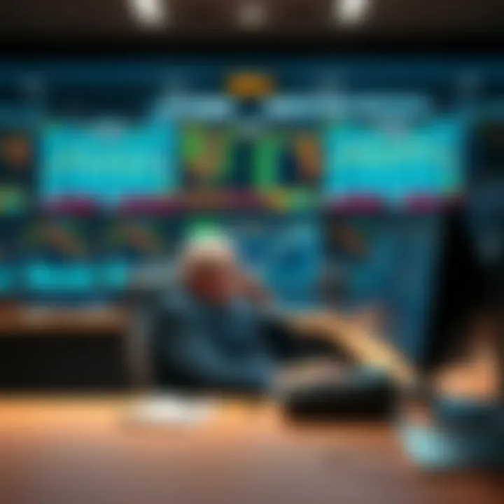 A trader sitting at a desk with multiple screens showing stock market data, preparing for President Trump's speech about Iran.