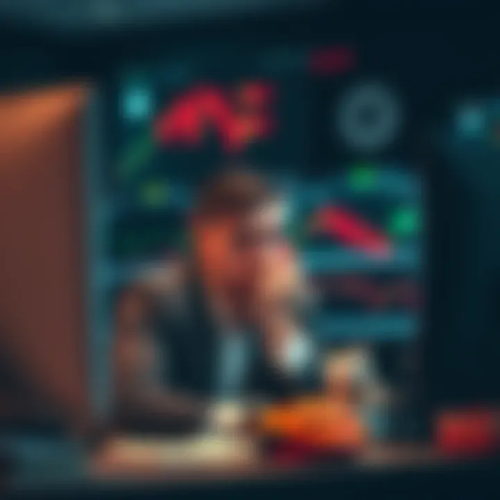 A trader looks frustrated and idle at their trading desk, surrounded by charts and screens, highlighting the impact of boredom on trading decisions.