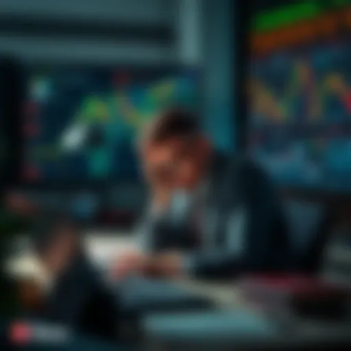 A tired trader sitting at a desk with trading charts and a laptop, looking stressed after years of trading.