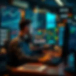 A trader sitting at a desk, looking at multiple screens with stock market graphs, contemplating whether to trade or skip the day.